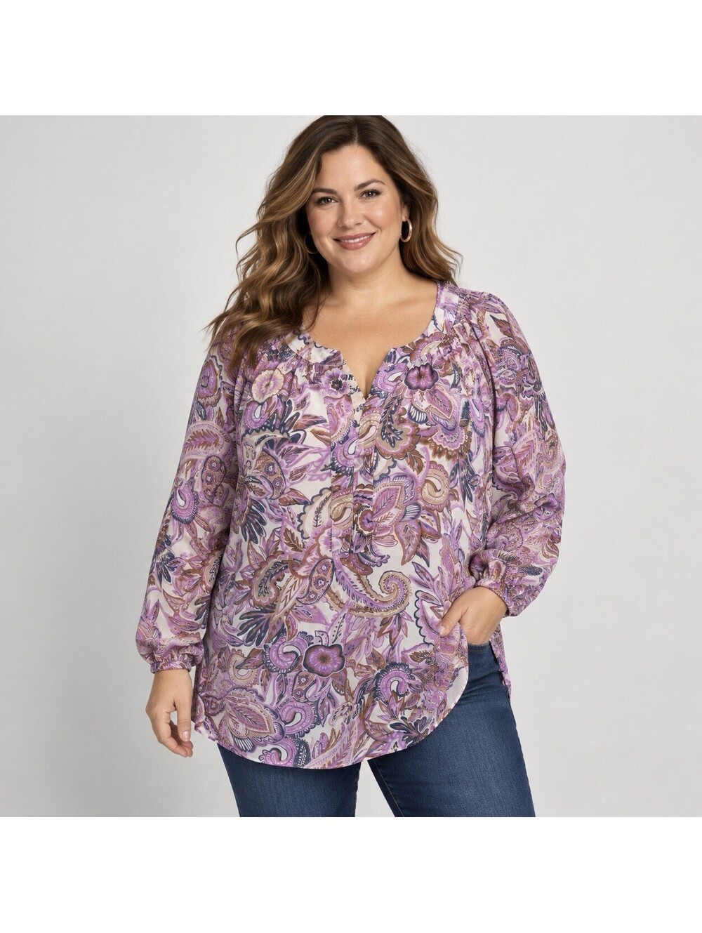 Talbots Plus Paisley Tunic Blouse 2X Purple Floral Boho Peasant Cottagecore
